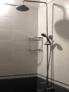 y baño con cabina de ducha con cabezal de ducha. en Kandy Wellington Apartment en Kandy