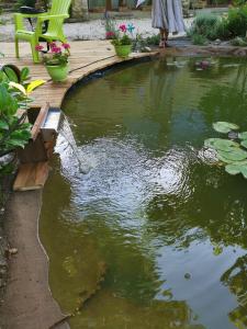 a pond with a wooden deck and a water fountain at Le Mas di Ro in Saint-Martin-dʼArdèche