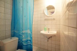 a bathroom with a blue shower curtain and a sink at Jägerhof in Tallinn