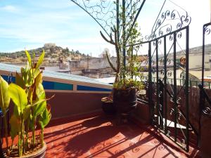 a balcony with potted plants and a window at Maison Adam in Fès