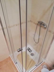 a shower with a glass door in a bathroom at Quinta do Pinhal Novo in Chabouco