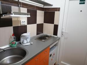 a small kitchen with a sink and a counter top at Ruby room in Zagreb