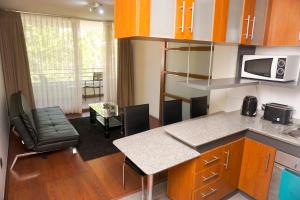 cocina con encimera y microondas en Bellavista Travel Suites, en Santiago