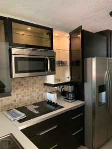 cocina con nevera de acero inoxidable y microondas en Villa Marina Village Apartment, en Fajardo