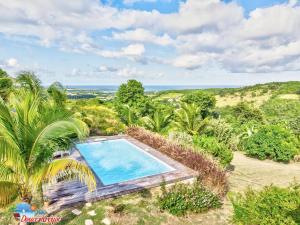 una vista aérea de una piscina y el océano en Villa "Doucè Kréyol", en Le Marin