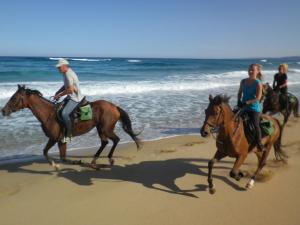 弗盧米尼馬焦雷的住宿－Centro di Turismo Equestre SHANGRILA'，一群人在海滩上骑马