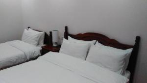 two beds in a hotel room with white pillows at 社長的家 in Luodong