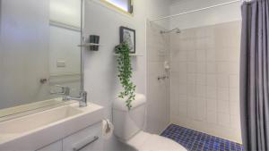 a bathroom with a toilet with a plant on it at Maroochy River Bungalows in Diddillibah