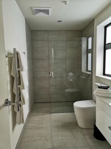a bathroom with a toilet and a glass shower at Waikanae Beach Ocean View Apartments in Gisborne