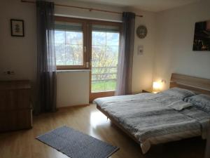 sypialnia z łóżkiem i dużym oknem w obiekcie Ferienwohnung Mariella w mieście Hart im Zillertal