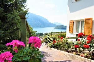 a pathway leading to a house with flowers at Pra de Dort Casa Vacanze in Molveno