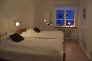 two beds in a room with a window at River Lodge in Ludvika