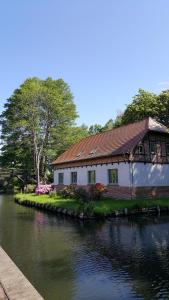 a house next to a river with a building at "Spreehof" Apartmenthaus in Lehde in Lübbenau