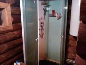 W łazience znajduje się prysznic ze szklanymi drzwiami. w obiekcie Hundi Holiday House w mieście Kolodavitsa