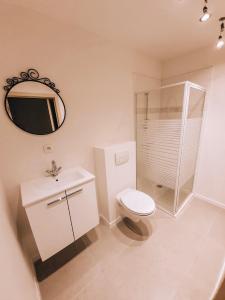 a white bathroom with a toilet and a mirror at Maison Demar in Gedinne