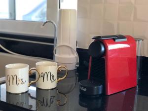 two coffee mugs on a counter next to a toaster at Paralia Platanou seaview house in Paralía Platánou