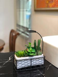 a black table topped with a basket filled with plants at Home Suhaila in Kota Kinabalu