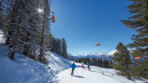 eine Gruppe von Personen, die auf einem Skilift Ski fahren in der Unterkunft Hotel Garni Romantika in Sankt Leonhard im Pitztal