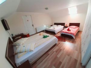 a hotel room with two beds and a television at Vila Nico in Haţeg