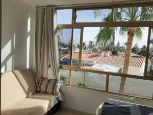 a room with a couch and a window with a palm tree at Apartamento Playa in Playa del Ingles