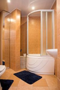 uma casa de banho com um chuveiro, um WC e um lavatório. em Urban Apartment em Riga