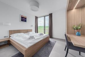 a bedroom with a bed and a desk and a window at Apartmány HRÁDEČEK in Mladé Buky