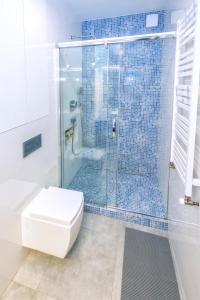 y baño con ducha de cristal y aseo. en KOMFORT HOUSE RYNEK en Wroclaw