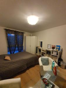 AreuseChambre aux bord de l'Areuse的一间卧室，里面有一张床、一张沙发和一把椅子