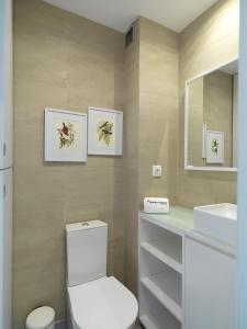 W łazience znajduje się toaleta, umywalka i lustro. w obiekcie FLH Porto Trindade Cozy Flat w Porto