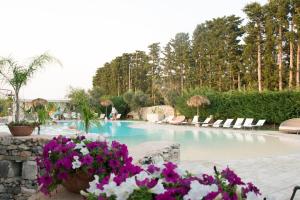 a swimming pool with chairs and purple and white flowers at Residence Bellaria in Giurdignano