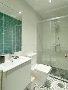 een badkamer met een douche, een toilet en een wastafel bij FLH Porto Modern Apartment in Porto