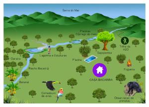 un mapa del parque con animales y árboles en Casa Bacarirá - Floresta com Yoga e Café da Manhã Vegano, en Camburi