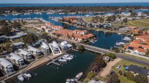 an aerial view of a marina with boats in the water at Beach 2 in Paynesville