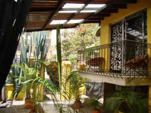 uma varanda de um edifício com plantas sobre ele em Yellow House Hostel em Medellín