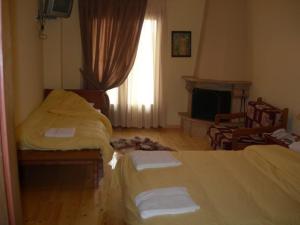1 dormitorio con 2 camas y sala de estar con chimenea. en Guesthouse To Spiti Τou Gakou, en Nestórion