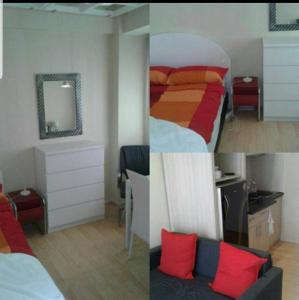 2 Bilder eines Schlafzimmers mit einem Bett und einem Spiegel in der Unterkunft Apartmen Paragon Village by Taufiq in Tangerang