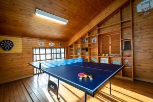 石垣島にあるi-STAY(はなはな)の木製の壁の部屋の卓球台