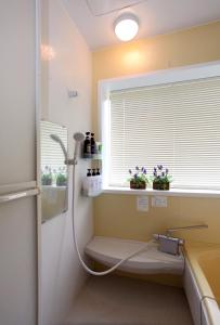 a bathroom with a shower and a sink and a window at Guest House Zen in Yamanakako +23 photos