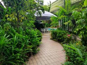 Terrace Hotel في بندر سيري بيغاوان: حديقة بها ممشى من الطوب والنباتات