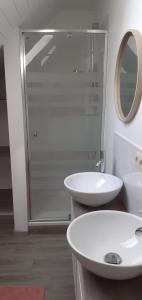 y baño con lavabo blanco y ducha. en De Bossenaarshoeve, en Maarkedal