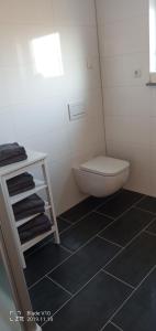 a bathroom with a toilet and a shelf with towels at Reisezeit in Kessel +4 photos