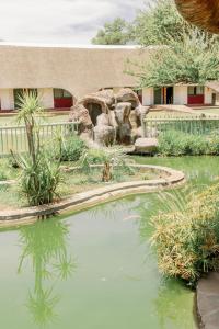 a pond in a garden with trees and a building at Okahandja Country Hotel in Okahandja