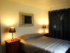 a bedroom with a bed and two lamps and a mirror at Scenic Rim Motel in Aratula