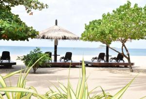 a beach with chairs and an umbrella and the ocean at Nilaveli Beach Resort - Level 1 Certified in Nilaveli