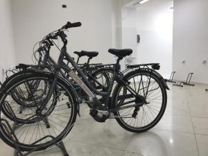 two bikes parked on a stand in a room at Hotel Roma in Garda