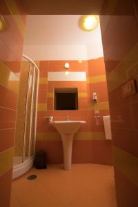 uma casa de banho com um lavatório e um chuveiro em Hotel Potenza em Nápoles