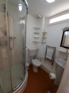 a bathroom with a shower and a toilet and a sink at The Edenhurst Guesthouse in Weymouth