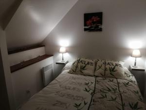 um pequeno quarto com uma cama e 2 candeeiros em Ty bily em Plaudren