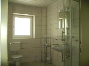 baño con aseo y lavabo y ventana en Ferienhaus Sonja, en Lindberg