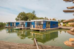 grupa domów na doku na wodzie w obiekcie Hafenresort Karnin w mieście Karnin